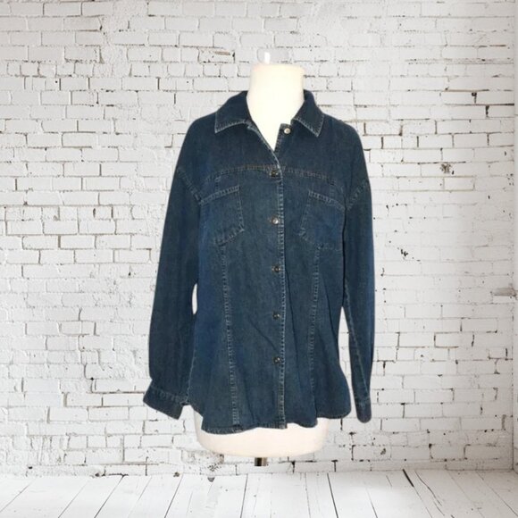 Vintage Together Button Front Gathered Back Blue Jean Shirt - Picture 1 of 6